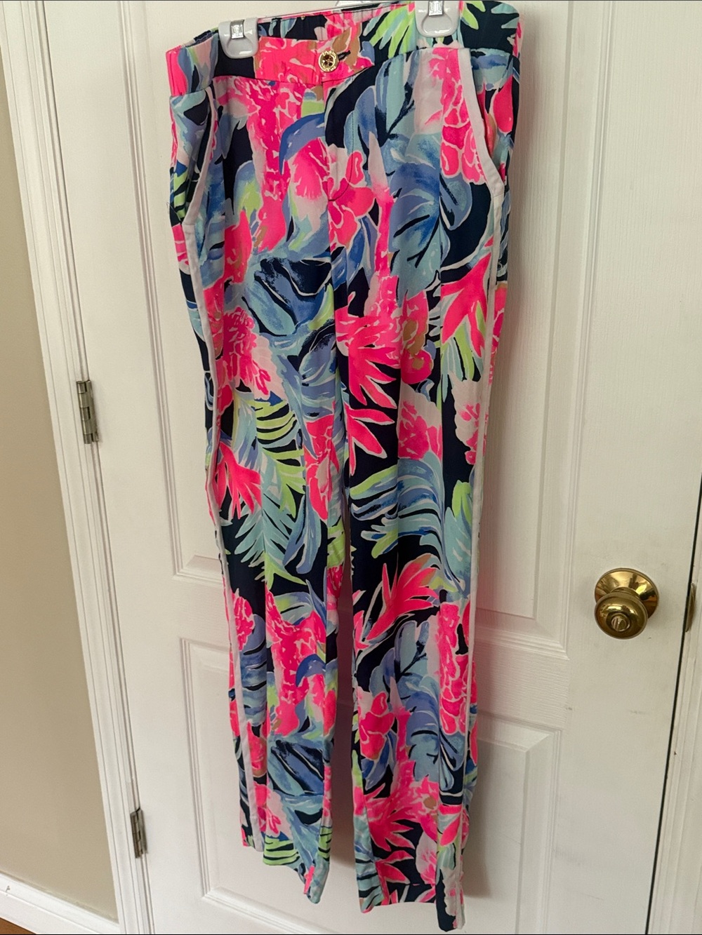 Lilly Pulitzer Navy Tropical Floral Wide-Leg Trousers with Pink & Blue